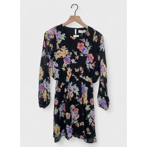 ⭐️ 3/$20 Wayf Chiffon Floral Print Long Sleeve Dress Size XS Black - Picture 2 of 9